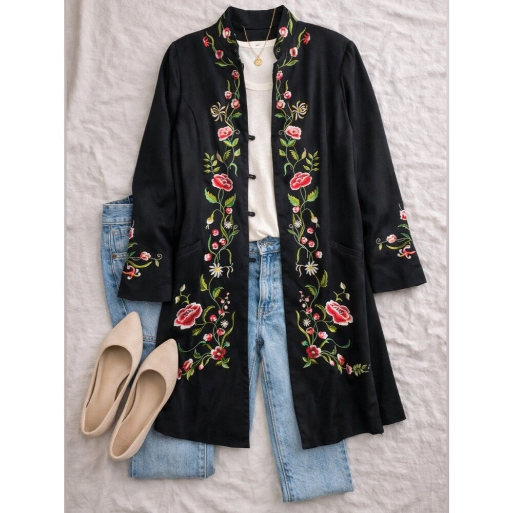 Victor Costa Black Embroidered Floral Duster Jacket Women’s 1X Statement Coat